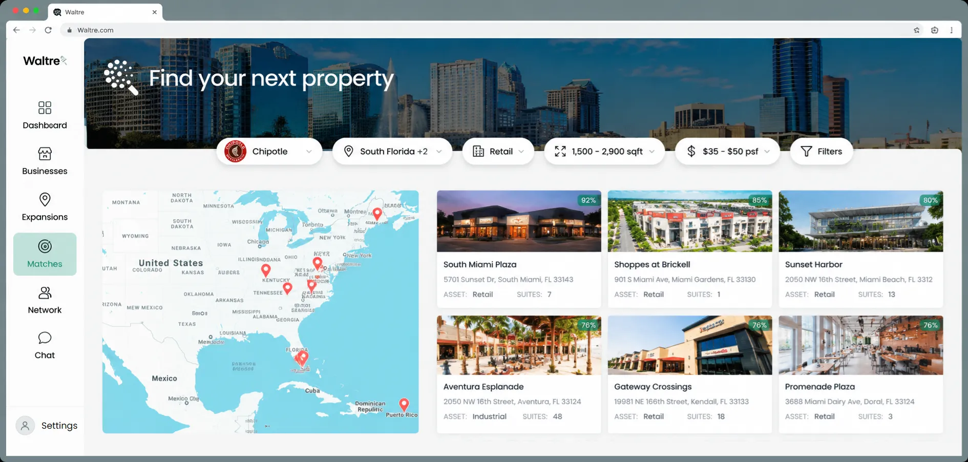 Properties matched to Chipotle across South Florida, on a map and in a grid of results with their match scores